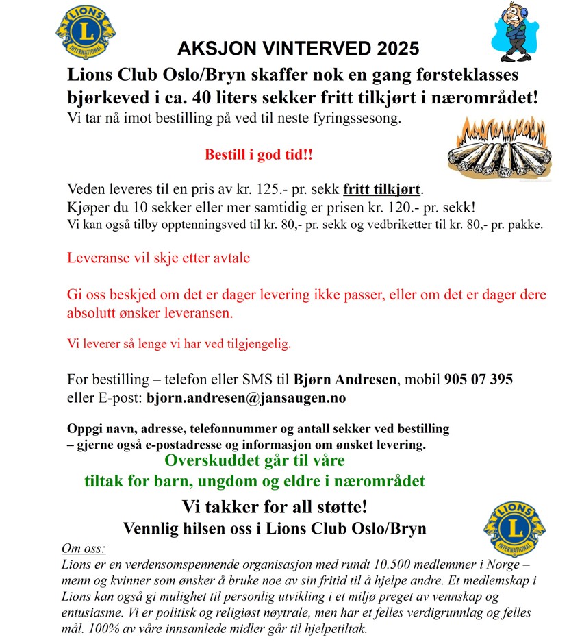 Lions Club Oslo/Bryn selger bjørkeved